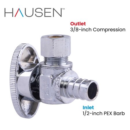 Hausen 1/2 in. PEX Barb x 3/8 in. Compression Brass Quarter-Turn Angle Stop Valve Jar, Chrome-Plated, 20PK HA-SS102-20